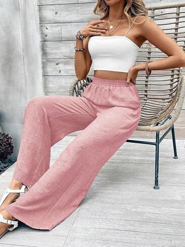 Women's Linen Wide Leg Pants | Elastic High Waist, Palazzo Trousers, With Pockets in Kuwait