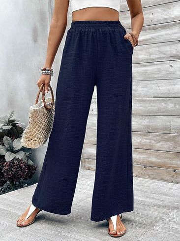 Women's Linen Wide Leg Pants | Elastic High Waist, Palazzo Trousers, With Pockets in Kuwait