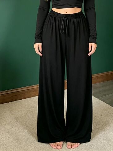 Women Casual Wide Leg Drawstring Elastic Waist Kint Trousers Lounge Sweatpants with Pockets in Kuwait