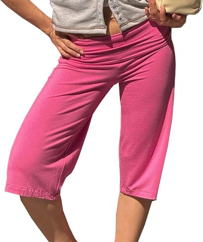Awoscut Women Low Rise Gaucho Pants Wide Leg Fold Over Capris Pants Flowy Flare Summer Palazzo Bottoms Streetwear in Saudi Arabia