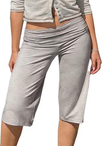Awoscut Women Low Rise Gaucho Pants Wide Leg Fold Over Capris Pants Flowy Flare Summer Palazzo Bottoms Streetwear in Saudi Arabia
