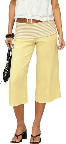 Awoscut Women Low Rise Gaucho Pants Wide Leg Fold Over Capris Pants Flowy Flare Summer Palazzo Bottoms Streetwear in Saudi Arabia