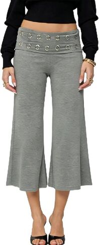 Awoscut Women Low Rise Gaucho Pants Wide Leg Fold Over Capris Pants Flowy Flare Summer Palazzo Bottoms Streetwear in Saudi Arabia