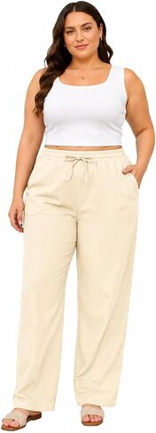 Yusongirl Plus Size Linen Wide Leg Pant for Women Breathable Cotton Blend Trousers Drawstring Low Waisted Flowy Palazzo Pants in Saudi Arabia