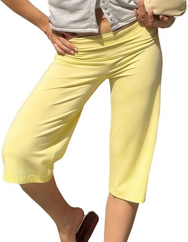 Awoscut Women Low Rise Gaucho Pants Wide Leg Fold Over Capris Pants Flowy Flare Summer Palazzo Bottoms Streetwear in Saudi Arabia