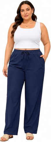 Yusongirl Plus Size Linen Wide Leg Pant for Women Breathable Cotton Blend Trousers Drawstring Low Waisted Flowy Palazzo Pants in Saudi Arabia