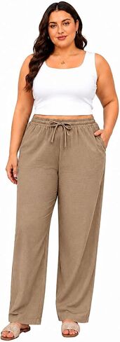 Yusongirl Plus Size Linen Wide Leg Pant for Women Breathable Cotton Blend Trousers Drawstring Low Waisted Flowy Palazzo Pants in Saudi Arabia