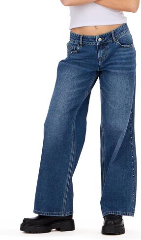 Forever 21 Women's Low Rise Wide Leg Denim Pant with Stud Details in Kuwait