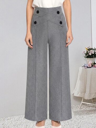 Women's High-Waisted Wide-Leg Pants with Crisscross Button Detail Elegant Office Wear Casual Trousers in Kuwait