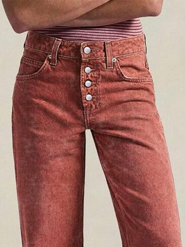Flamingals Straight Leg Pants for Women Mid Waisted Button Fly Trendy Casual Denim Pants in Kuwait