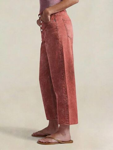 Flamingals Straight Leg Pants for Women Mid Waisted Button Fly Trendy Casual Denim Pants in Kuwait