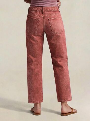 Flamingals Straight Leg Pants for Women Mid Waisted Button Fly Trendy Casual Denim Pants in Kuwait