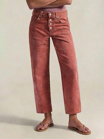 Flamingals Straight Leg Pants for Women Mid Waisted Button Fly Trendy Casual Denim Pants in Kuwait