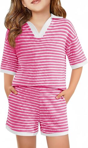 Haloumoning Girls 2 Piece Outfits Kids Short Sleeve V Neck Knit Tops High Waisted Shorts Casual Sweater Lounge Sets in Kuwait