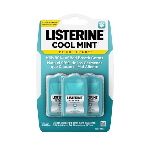 Listerine Cool Mint PocketPaks Portable Breath Strips for Bad Breath, Fresh Breath Strips to Kill 99% of Bad Breath Germs* On-The-Go, Cool Mint Flavor, 72 Count (Pack of 6) in Saudi Arabia