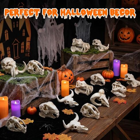Exasinine 16 Pcs Mini Resin Animal Skull Heads Figurines 1.5 Inch Mini Skulls Figurines Highly Detailed Miniature Animal Skull for Halloween Crafts Gothic Decor Terrarium Micro Landscape Decor in Saudi Arabia