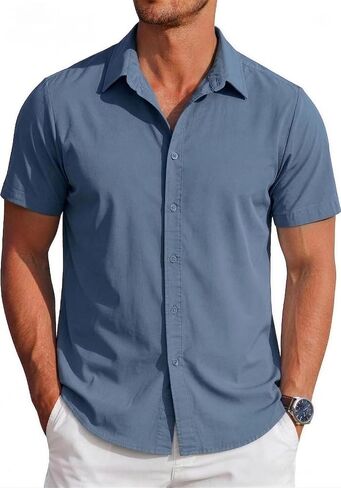 Mens Button Down Short Sleeve Shirt Casual Summer Wedding Untucked Dress Shirts in Saudi Arabia