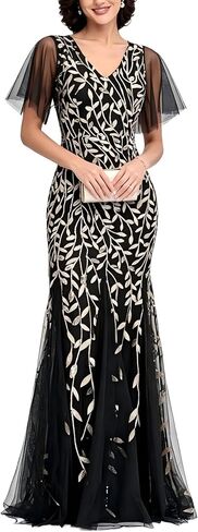 Women Sequin Sparkly Dress Glitter V Neck Tulle Embroidery Bodycon Mermaid Evening Gala Gown Formal Prom Maxi Dresses in Saudi Arabia