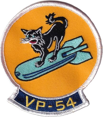 VP-54 Black Cats Squadron Patch – WWII Heritage PBY Catalina Insignia – 4" Circular Sew-On Emblem with Plastic Backing – Navy Patrol Squadron 54 Night Attack Patch in Kuwait