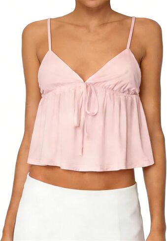 Women Y2k Flowy Ruffle Hem Cami Tank Top Casual Solid Color Deep V Neck Sleeveless Peplum Camisole Summer Beachwear in Kuwait