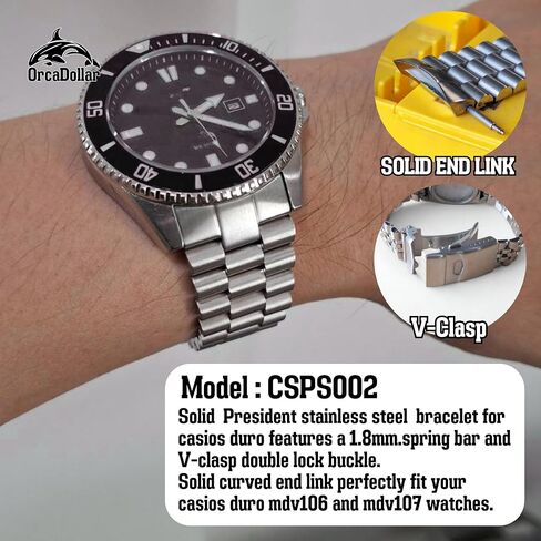 CSPS002 Solid President Stainless Steel Bracelet for Casio Duro MDV106 / MDV107 – 1.8mm.Spring Bar, V-Clasp Double Lock, Curved End Link Fit Stainless Steel in Saudi Arabia