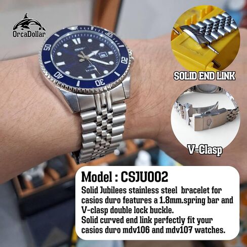 CSPS002 Solid President Stainless Steel Bracelet for Casio Duro MDV106 / MDV107 – 1.8mm.Spring Bar, V-Clasp Double Lock, Curved End Link Fit Stainless Steel in Saudi Arabia