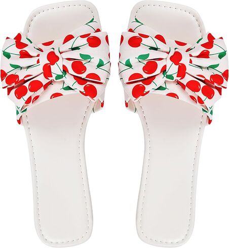 Women's Bow Slippers Cute Cherry Print Flat Slides Soft Breathable Lightweight Casual Summer Slippers Indoor Outdoor Beach Sandals for Women in Saudi Arabia