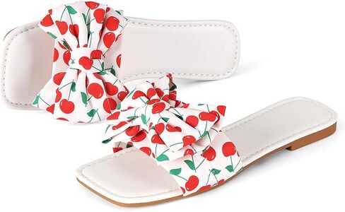 Women's Bow Slippers Cute Cherry Print Flat Slides Soft Breathable Lightweight Casual Summer Slippers Indoor Outdoor Beach Sandals for Women in Saudi Arabia