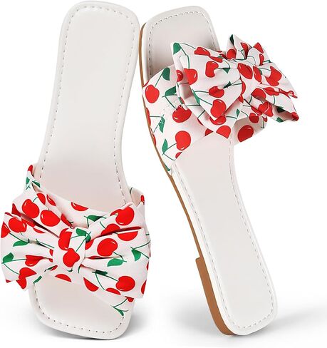 Women's Bow Slippers Cute Cherry Print Flat Slides Soft Breathable Lightweight Casual Summer Slippers Indoor Outdoor Beach Sandals for Women in Saudi Arabia