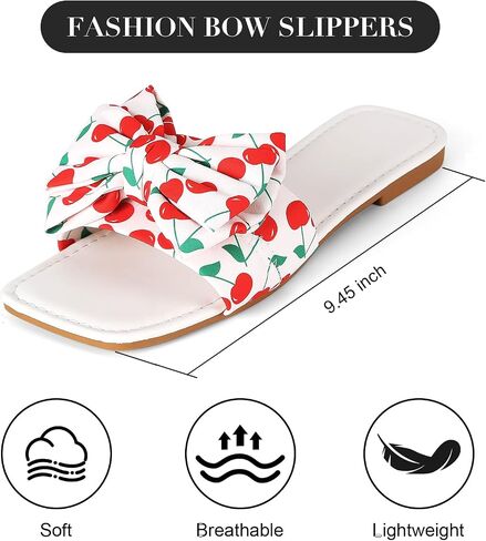 Women's Bow Slippers Cute Cherry Print Flat Slides Soft Breathable Lightweight Casual Summer Slippers Indoor Outdoor Beach Sandals for Women in Saudi Arabia