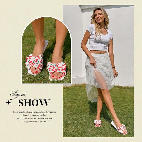 Women's Bow Slippers Cute Cherry Print Flat Slides Soft Breathable Lightweight Casual Summer Slippers Indoor Outdoor Beach Sandals for Women in Saudi Arabia