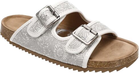 Very G Womens Berry 5 Western Floral Embossed Buckle Strap Slide Sandals- White/Grey in Saudi Arabia