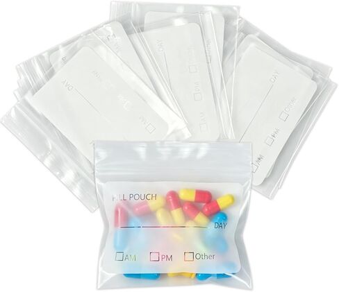 30 Pcs Pill Bags for Travel, Pack of Reusable Pill Pouches, 3 x 2.75 Inch Medicine Storage Bags with Writable Label, Zipper Seal Waterproof AM/PM Pill Organizer for Vitamins & Supplements(Square) in Kuwait