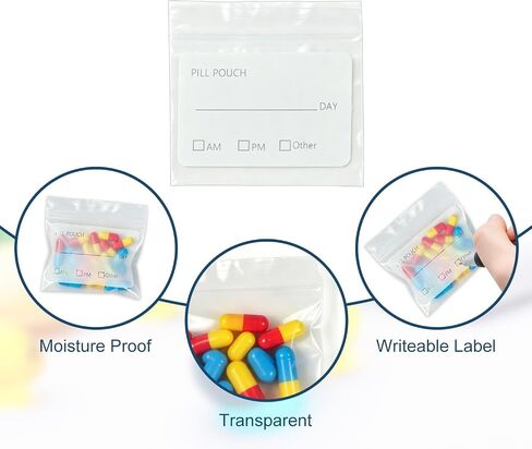 30 Pcs Pill Bags for Travel, Pack of Reusable Pill Pouches, 3 x 2.75 Inch Medicine Storage Bags with Writable Label, Zipper Seal Waterproof AM/PM Pill Organizer for Vitamins & Supplements(Square) in Kuwait