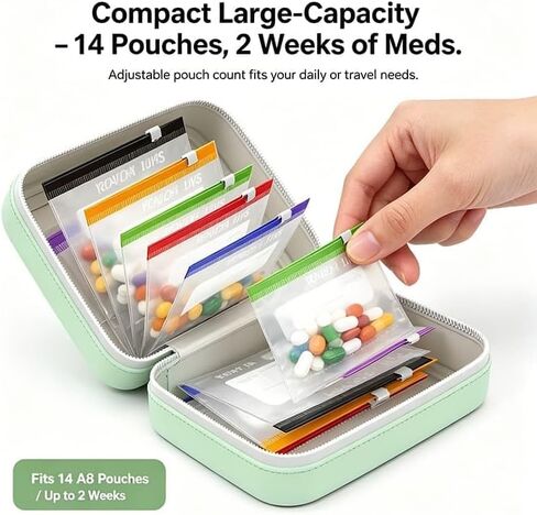 A8 Waterproof Pill Pouch Set, 2026 New Large Weekly Pill Organizer, Reusable Travel Medicine Organizer with 14pcs Bags Inside, 7 to 14 Days of Meds & Medicine, Crush-Resistant Shell (Mix) in Kuwait