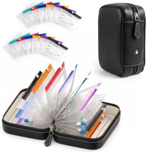 Waterproof Pill Organizer Set, 7-Day AM/PM Weekly Medication Case with 14 Pouches (7 Distinct Colors), Travel Waterproof Pill Pouch, BPA-Free Compact Zippered Storage Binder for Travel, Daily (Pink) in Saudi Arabia