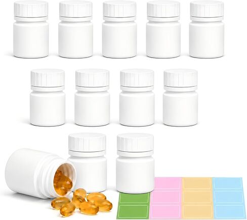 METAPACK Screw Cap White Pill Bottle, 12 Pack Empty Plastic Medicine Bottles, Travel Pill Container Organizers with Labels for Pills Capsules Vitamins Powder(8dram) in Kuwait