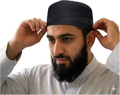 Al-Ameen Muslim Gift Muslim Kufi Hat for Men AMN-004 Islam Cap Unique Design Beanie Round Topi Headwear Ramadan Eid Gift in Kuwait