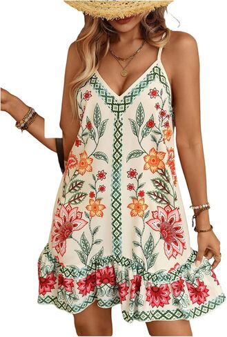 RoseSeek Women's Boho Floral Beach Dress Spaghetti Strap V Neck Cover Up Mini Dress Summer Vacation Outfits in Kuwait
