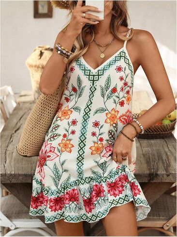 RoseSeek Women's Boho Floral Beach Dress Spaghetti Strap V Neck Cover Up Mini Dress Summer Vacation Outfits in Kuwait