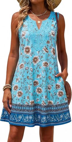 Bluetime Women's 2026 Summer Lace Trim Tank Dress Swimsuit Cover ups Sleeveless V-Neck Boho Beach Mini Dress with Pockets in Saudi Arabia
