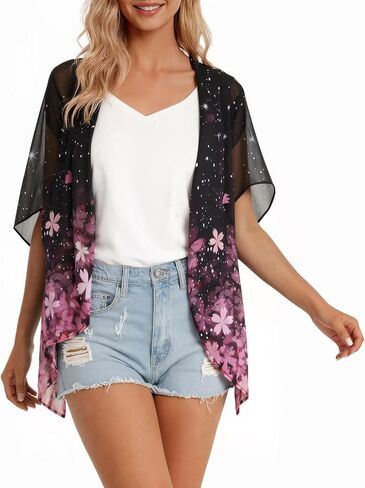 Womens Floral Print Kimono Cardigan Loose Beach Cover ups Casual Lightweight Swimwear Puff Sleeve Summer Tops Blouse in Saudi Arabia