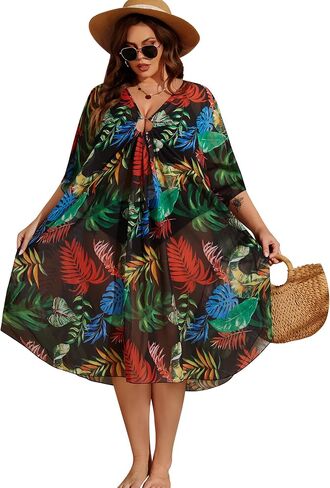 SWOMOG Women Plus Size Swimsuit Cover Up Sexy V Neck Bathing Suit Keyhole Swimwear Bikini Coverup Chiffon Summer Beachwear in Kuwait