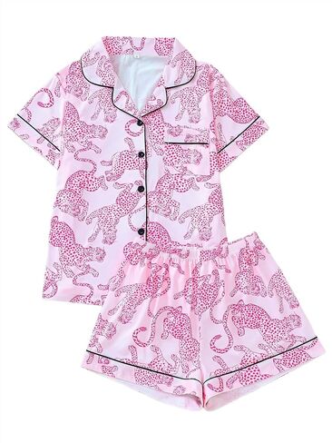 2 Piece Pajama Set for Women Matching Lounge Summer Button Up Leopard Animal Cheetah Print Cute Pj Set Sleepwear in Saudi Arabia