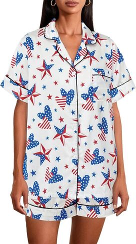4th of July Outfit Women Satin Pajama Sets Short-Sleeve Button Shirt and Shorts 2 Piece July Forth Clothes Set in Saudi Arabia