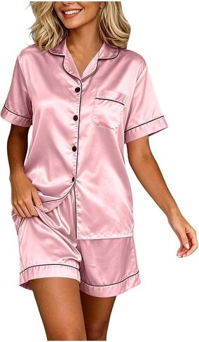 Women's Short Pajama Sets 2 Piece Silk Satin Button Short Sleeve Tops and Shorts Pull On Comfort Homewear Sleepwear in Saudi Arabia