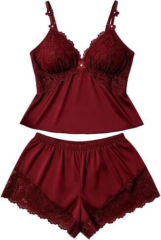 Women’s Plus Size Satin Lingerie Lounge Set, 3D Floral Lace Pajamas Lightweight Comfortable Sleepwear in Kuwait