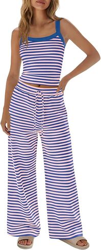 SENSERISE Womens Striped Lounge Set 2 Piece Outfits Spaghetti Strap Tank Top Wide Leg Pants Summer Travel Sets in Kuwait