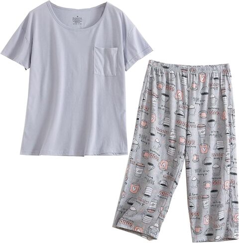 HOWINCO Womens Plus Size Pajama Sets Summer Cotton Sleepwear Top with Capri Pant Pjs Fun Prints Pajama Set in Saudi Arabia