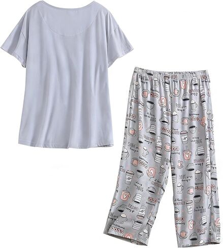 HOWINCO Womens Plus Size Pajama Sets Summer Cotton Sleepwear Top with Capri Pant Pjs Fun Prints Pajama Set in Saudi Arabia